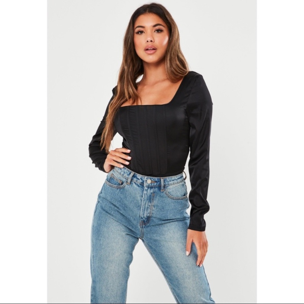 Misguided Bodysuit Long Sleeve Black Scoop Neck US 4